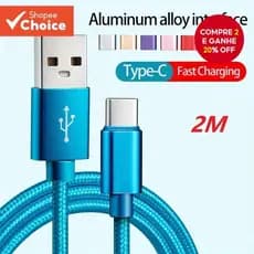 Cabo USB Tipo C 2M Alta Velocidade de Carregamento
