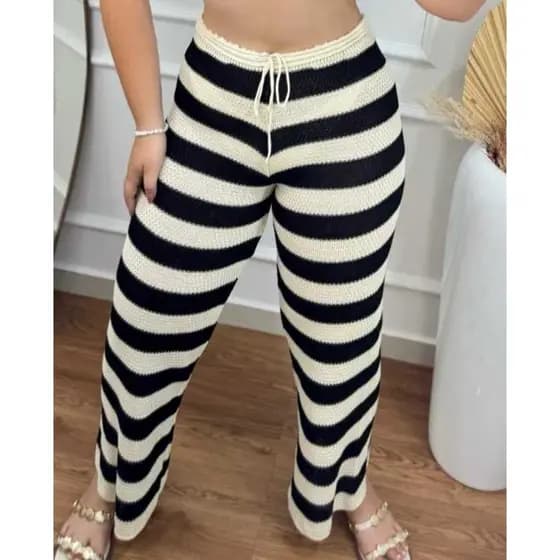 Calça Feminina com Cordão Saida de Praia Leve Listrada Bege e Preto Pantalona Tricot Ponto Crochê