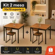 Kit 2 Mesa Compacta Para 4 Pessoas Tamanho 70x70 Industrial, Estilo Carvalho Amadeirado + Base Preta Industrial