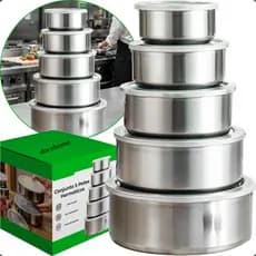 Jogo 10 Potes Tigelas em Inox Alumínio Com Tampa Redondo