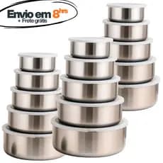 Kit Tigelas Inox Com Tampa Potes Redondos 285ml a 1430ml Jogo de Pote Hermético Cozinha