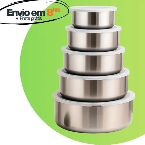 Kit 5 Tigelas Inox Com Tampa Potes Redondos 285ml a 1430ml Jogo de Pote Hermético Cozinha