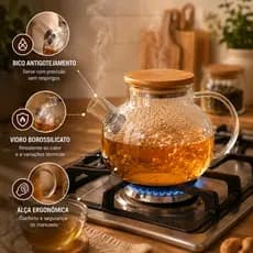 Chaleira de Vidro com Tampa Bambu Premium Borossilicato 1L Bule Café Chá