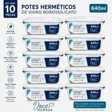 Conjunto de 10 / 6 / 4 Potes de Vidros 640ml Hermeticos para Marmitas Fitness com 4 Travas Forno microondas Airfryer