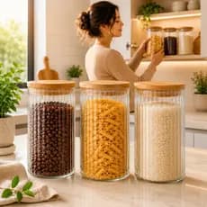 Potes Hermético de Vidro com Tampa Bambu 1100ml Kit 3 Mantimentos Organizador Transparente Cozinha