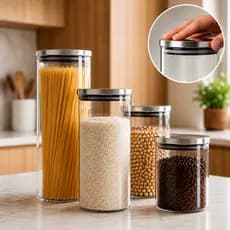Kit 4 Potes Herméticos De Vidro Com Tampa Inox Premium Conjunto Para Mantimentos Cereais Grãos Massas E Alimentos