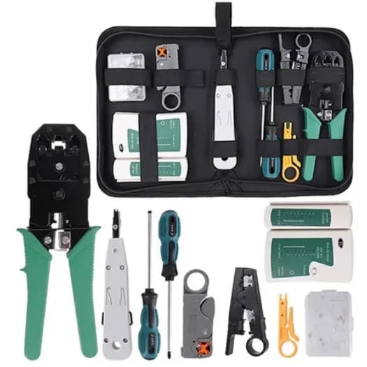 Kit ferramentas 12 em 1 Alicate De Crimpar  R45 + Testador + Punch Down + Chaves + Bolsa