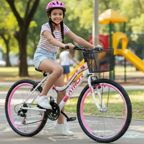 Bicicleta Aro 24 Feminina Marcha 18v Athor Musa C/ Cestinha Menina 9 10 11 12 Anos Mtb