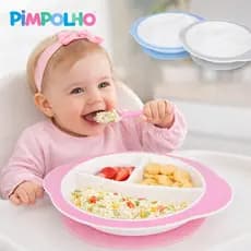 Pratinho infantil prato ventosa e divisórias para Introdução alimentar do bebê rosa cinza azul