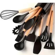 Kit De 12 Utensílios De Cozinha Com Cabo de Madeira