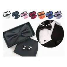 Kit Gravata Borboleta Seda Masculina + Lenço de Bolso Abotoaduras Social