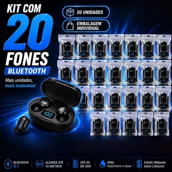 Kit 20 Fones Bluetooth 5.1 Sem Fio TWS com Caixa Carregadora