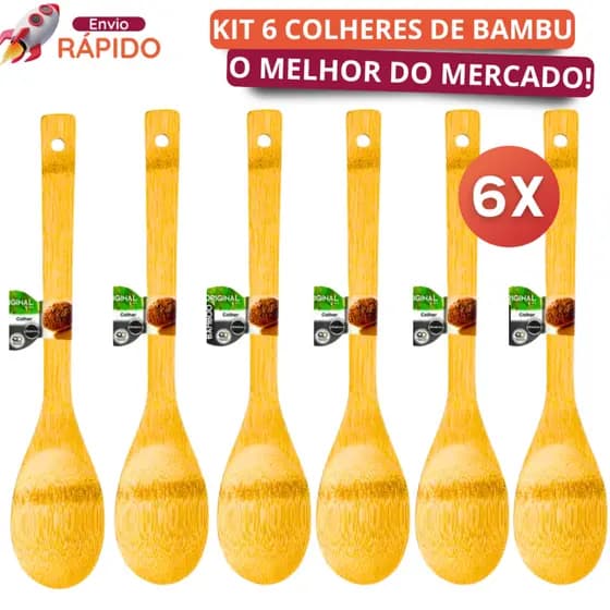 Jogo 6 Colher de Bambu Não Risca a Panela Para Cozinhar Colher de Pau 30Cm