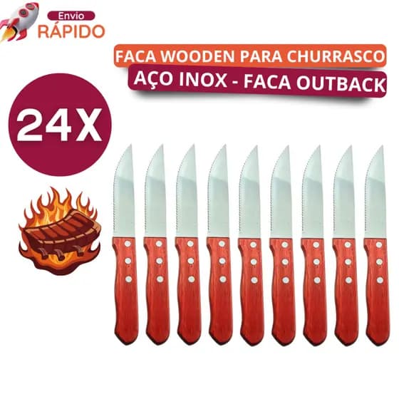 Jogo 24 Faca Wooden Inox Para Churrasco de Serra Faca Carne Cabo de Madeira Outback Alta Qualidade