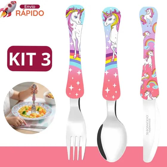 Kit 3 Peças Talher Infantil Garfo + Faca + Colher Unicórnio Para Lancheira Escola Inox Simonaggio