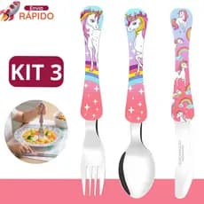 Kit 3 Peças Talher Infantil Garfo + Faca + Colher Unicórnio Para Lancheira Escola Inox Simonaggio