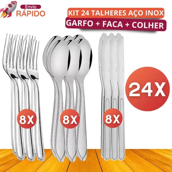 Jogo Talheres Aço Inox 24 Peças 8 Garfos + 8 Colheres + 8 Facas Para Cozinha Restaurante Gourmet