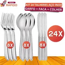 Jogo Talheres Aço Inox 24 Peças 8 Garfos + 8 Colheres + 8 Facas Para Cozinha Restaurante Gourmet