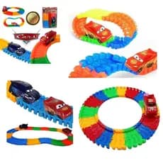 Pista Com Carrinho Ascende Farol Led Trilha Maluca P/montar Relâmpago Para Montar Brinquedo Criativo