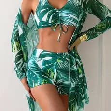 Biquíni top bojo renovável feminino conjunto floral 3peças amarrazinha Conforto Kimono Manga Longa Maiô Para Mulheres