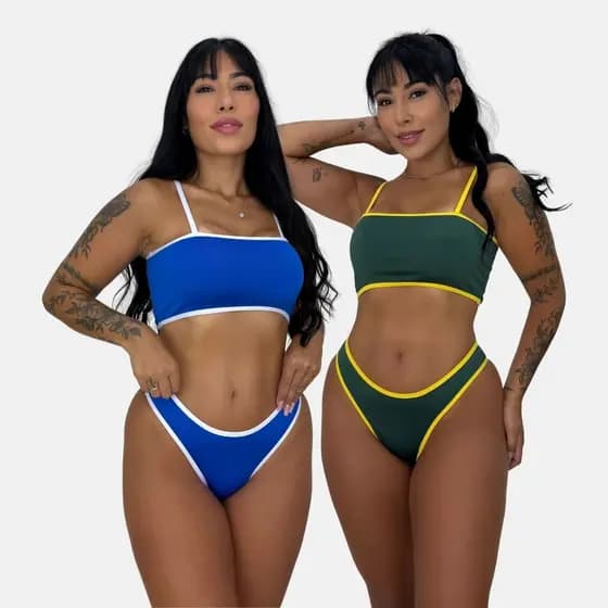 Biquíni Brasil Copa do Mundo Top Faixa Sustentação Calcinha Fio Cintura Média Moda Praia Torcida