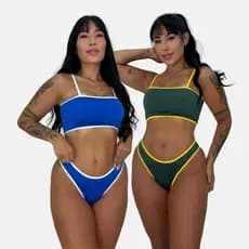 Biquíni Brasil Copa do Mundo Top Faixa Sustentação Calcinha Fio Cintura Média Moda Praia Torcida
