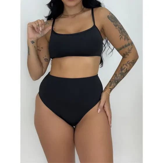 Hot Pants Biquini Top Cropped e Calcinha Cintura Alta Moda Praia e Piscina