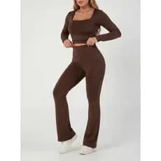 Conjunto Calça Flare Bailarina Cintura Alta e Blusa Cropped Manga Longa Outono/Inverno