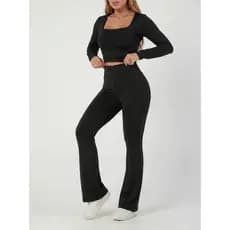 Conjunto Outono/Inverno Calça Flare Cintura Alta e Blusa Cropped Manga Longa