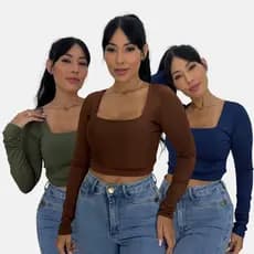 Blusa Cropped Manga Longa Feminino Gola Quadrada Suplex Premium Casual Outono Inverno Envio Imediato