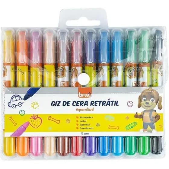 Giz de Cera Retrátil 12 Cores, BRW
