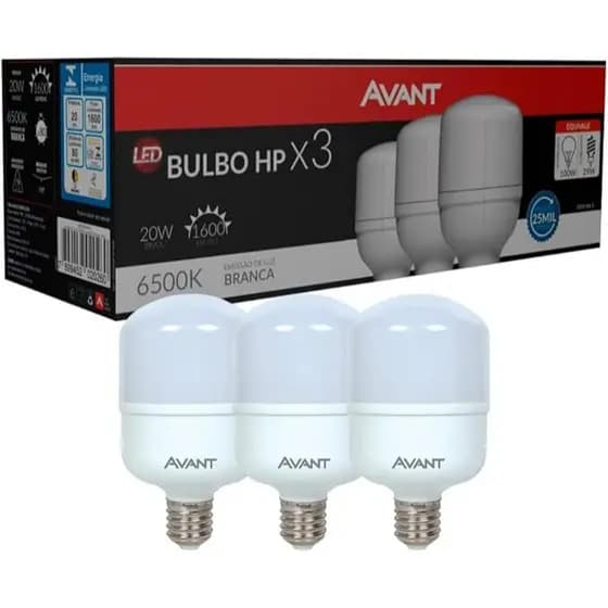 Kit Lâmpada Bulbo HP LED, 3 unidades, 20W, Luz branca 6500K, soquete E27, Bivolt, Avant