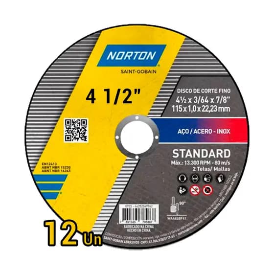 Disco De Corte Norton Standard 4.1/2 Aço Carbono Inox Metal Metalon 12 Unidades