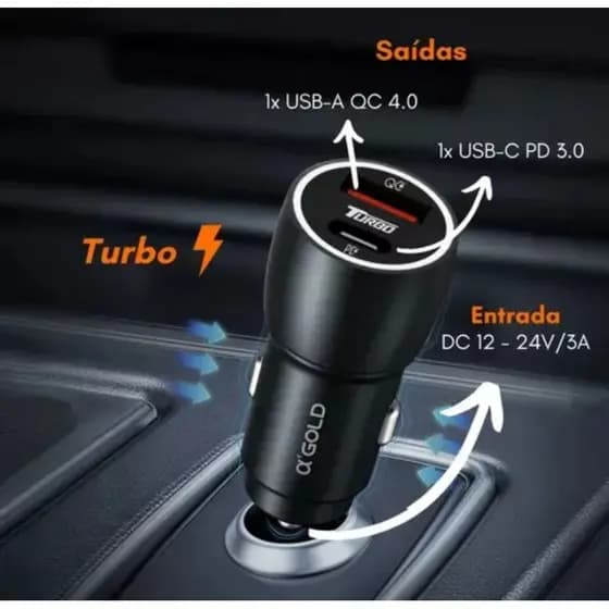 Carregador Veicular Turbo 60W Tipo C E USB 9.1A Alfa Gold Pro