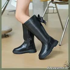 Kit 02 Pares Bota Cano Alto e Coturno Infantil Feminino Menina Preto com Laço e Flor Lulopé