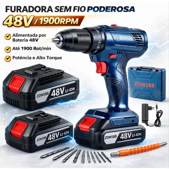 Furadeira parafusadeira de impacto 48V profissional 1900 RPM parafusadeira 2 baterias Genérica bosch