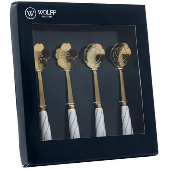 fConjunto 4 Colheres Aço Inox Cabo Ceramica Flowers Dourado Branco Wolf