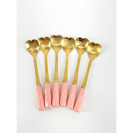 Kit de Colheres de Café Coração Dourada com Rosa (6 peças)
