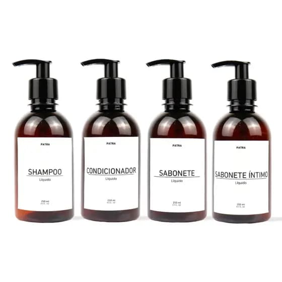 kit Banho Frasco Âmbar  4pçs Shampoo Condicionador Sabonete líquido e Sabonete íntimo Dispenser 250ml