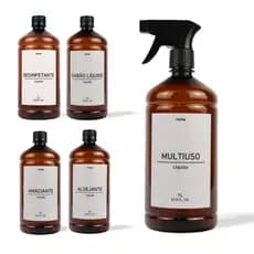 Kit 5 Frascos Âmbar Lavanderia 1L Sabão Líquido/Alvejante/Amaciante/Desinfetante/Multiuso