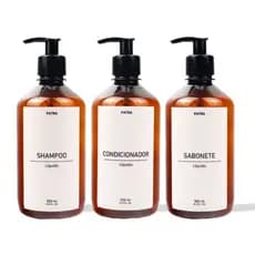 kit Banho Frasco Âmbar  3pçs Shampoo Condicionador e Sabonete líquido Dispenser 500ml