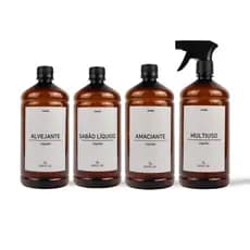 Kit 4 Frascos Âmbar Lavanderia 1L Sabão Líquido/Alvejante/Amaciante/Multiuso Branco