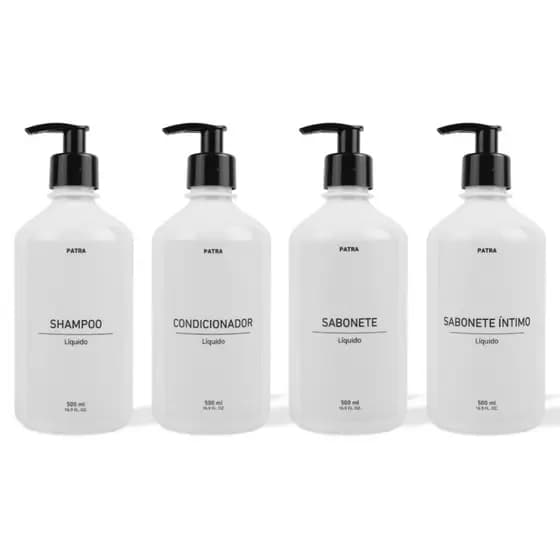 kit Banho Frasco Branco 4pçs Shampoo Condicionador Sabonete líquido e Sabonete íntimo Dispenser 500ml