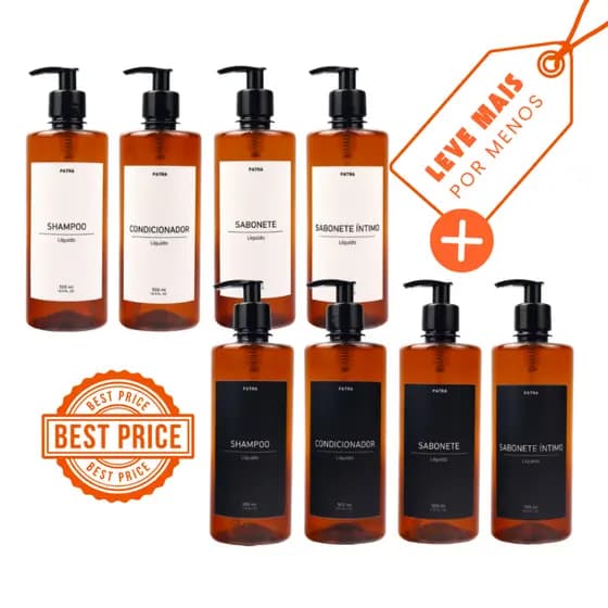 2 Kit Banho Frasco Âmbar 4pçs Shampoo Condicionador Sabonete líquido e Sabonete íntimo Dispenser 500ml Cil.