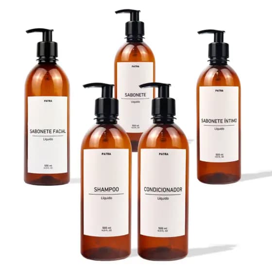 kit Banho Frasco Âmbar 5pçs Shampoo Condicionador Sabonete líquido, íntimo e facial  500ml