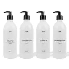 kit Banho Frasco Branco 4pçs Shampoo Condicionador Sabonete líquido e Sabonete íntimo Dispenser 500ml