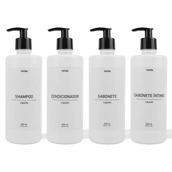 kit Banho Frasco Branco  4pçs Shampoo Condicionador Sabonete líquido e Sabonete íntimo Dispenser 500ml