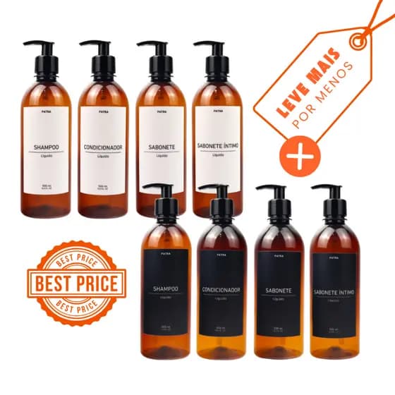 2 Kit Banho Frasco Âmbar 4pçs Shampoo Condicionador Sabonete líquido e Sabonete íntimo Dispenser 500ml Caçula