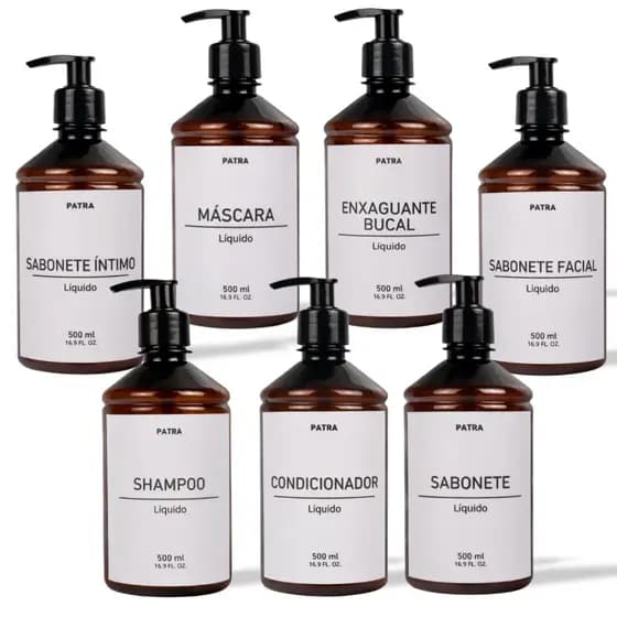 kit Banho Frasco Âmbar 7pçs Shampoo Condicionador Sabonete líquido, íntimo, facial, máscara e enxaguante Dispenser 500ml