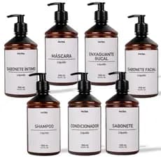 kit Banho Frasco Âmbar 7pçs Shampoo Condicionador Sabonete líquido, íntimo, facial, máscara e enxaguante Dispenser 500ml